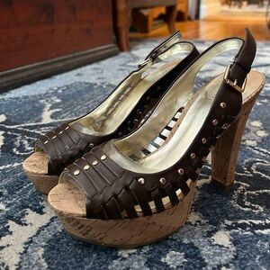 Guess by Marciano Y2K Brown Cork Platform Slingback Heels